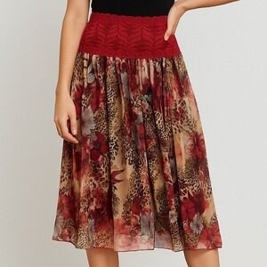 Floral Leopard Midi Skirt SMALL Red Lace Boho Chic Animal Print Festival Witchy